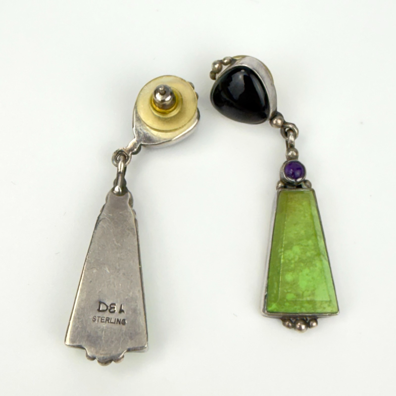 Vintage Sterling Silver DEL Earrings Green Turquoise Onyx Amethyst Dangle