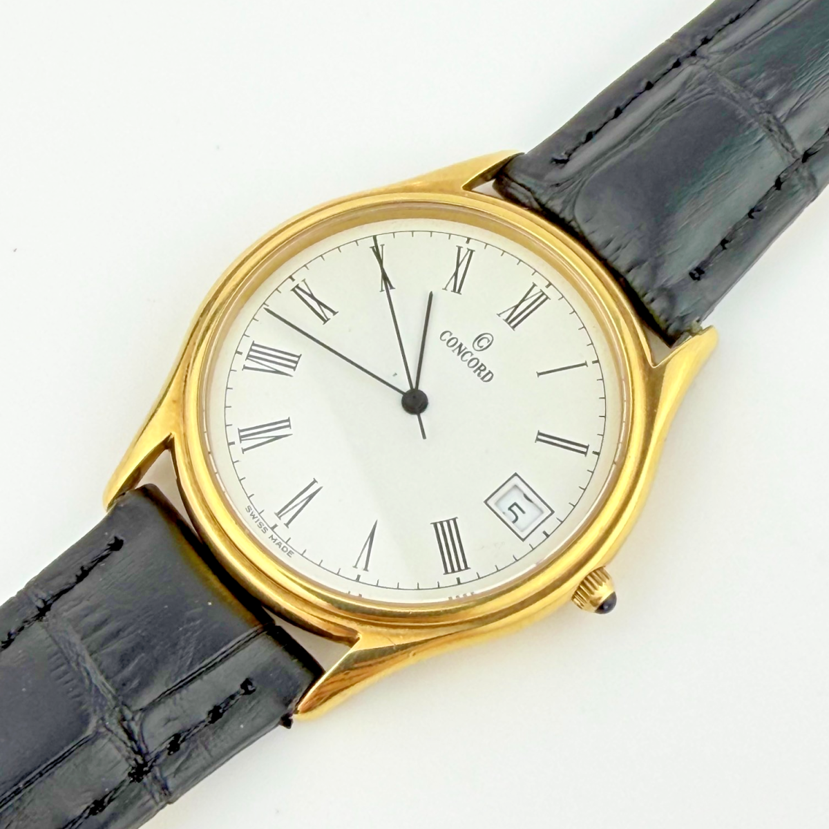 Vintage Concord 14K Gold 33mm Dress Watch Black Leather Strap