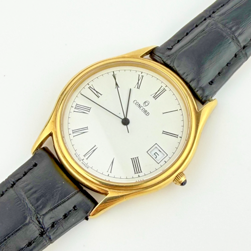 Vintage Concord 14K Gold 33mm Dress Watch Black Leather Strap