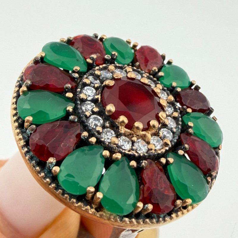 Vintage-Style 925 Sterling Silver Multi Color Stone Flower Cluster Ring Size 10