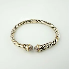 EFFY Cable Bangle Bracelet 7.5” Sterling Silver 925 / 18K Gold & Diamond Accents