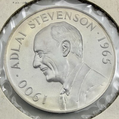 Heraldic Art 1965 Adlai Stevenson Sterling Silver Medal 33mm Original Holder UNC Heraldic Art 1965 Adlai Stevenson Sterling Silver Medal 33mm Original Holder UNC