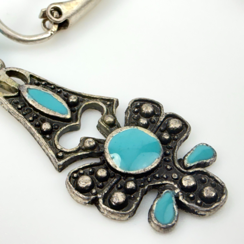 Vintage French art Nouveau Style Turquoise Enamel and Silver Plated Clip Earring
