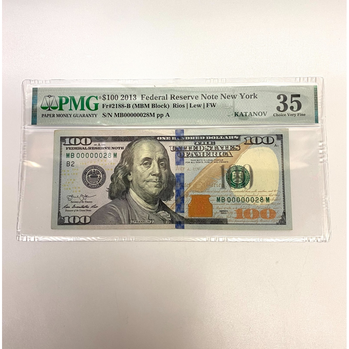 Fr 2188-B $100 2013 FRN New York Low Serial Number  MB 00000028 M PMG 35