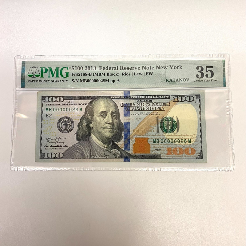 Fr 2188-B $100 2013 FRN New York Low Serial Number  MB 00000028 M PMG 35 Fr 2188-B $100 2013 FRN New York Low Serial Number  MB 00000028 M PMG 35