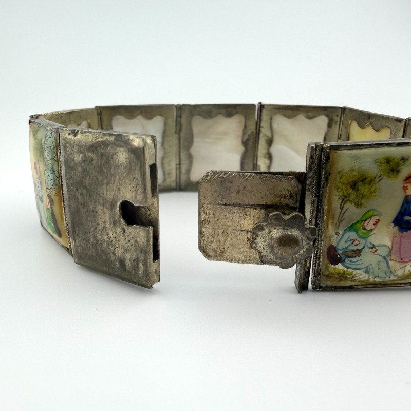 Vintage Antique Persian Miniature Painting Mother of Pearl Silver Bracelet
