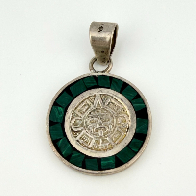 Vintage Mexican Sterling Silver Aztec Mayan Face Malachite Inlay Pendant MFX 925 Vintage Mexican Sterling Silver Aztec Mayan Face Malachite Inlay Pendant MFX 925
