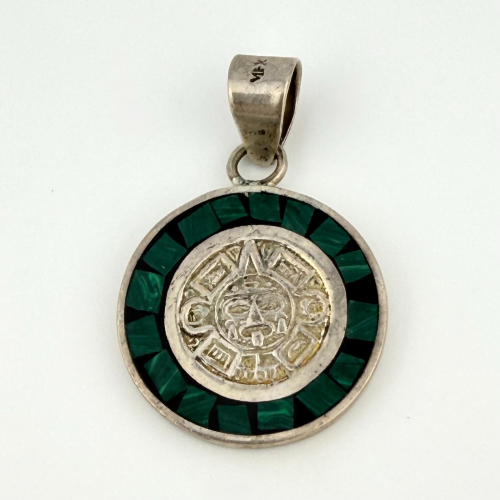Vintage Mexican Sterling Silver Aztec Mayan Face Malachite Inlay Pendant MFX 925