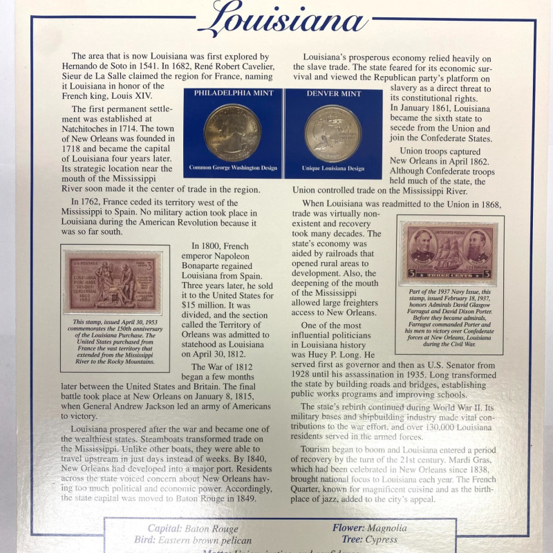 State Of Louisiana From Statehood Quarters & Stamps Collection