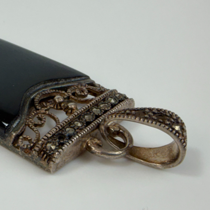 Vintage Rectangular Sterling Silver Black Onyx And Marcasite Pendant