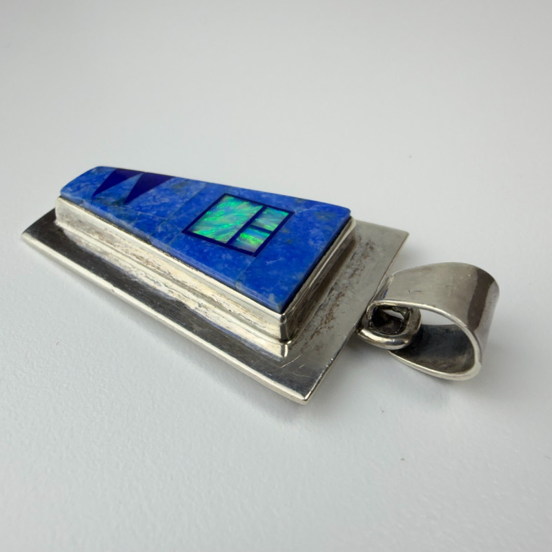 Vintage Navajo Inlay Sterling Mosaic Pendant Necklace, By TF Thomas Francisco