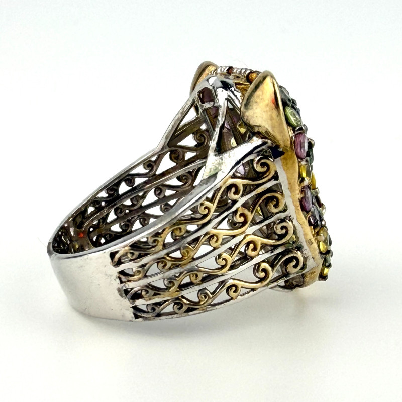 Multi Gemstone Silver Panther/Jaguar Head Ring Sz.11