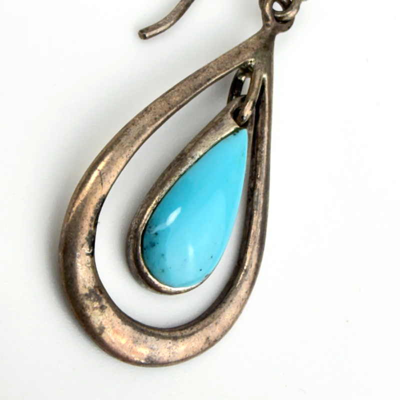 Vintage Sign Sterling SK Thailand Modern Teardrop Turquoise Drop Dangle Earrings