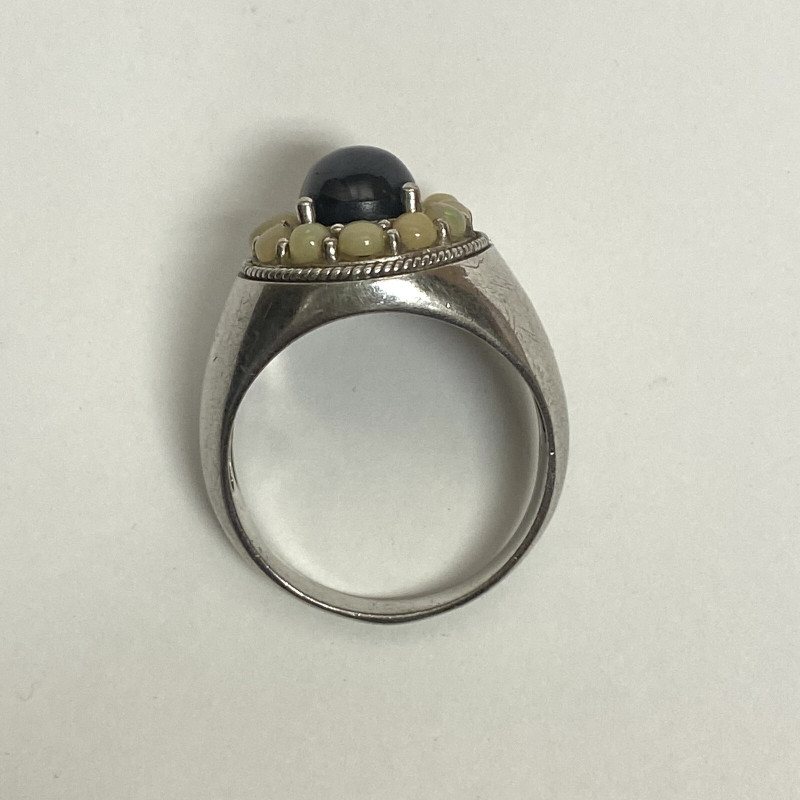 Blue Star Sapphire & Opal gems stones Silver 925 Ring, Size 12 