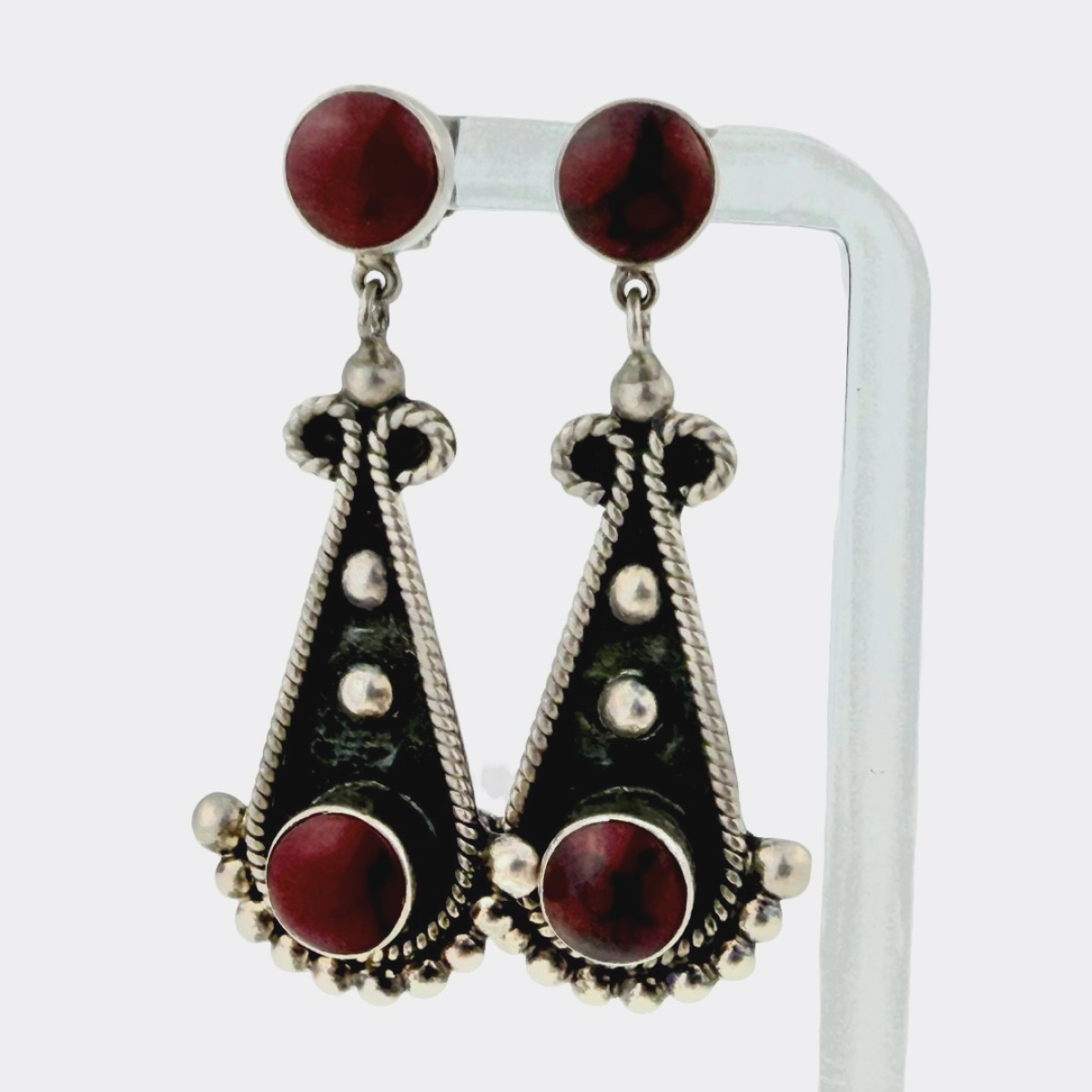 Ethnic Taxco Mexico 950 Silver Carnelian Dangle Earrings - Taxco