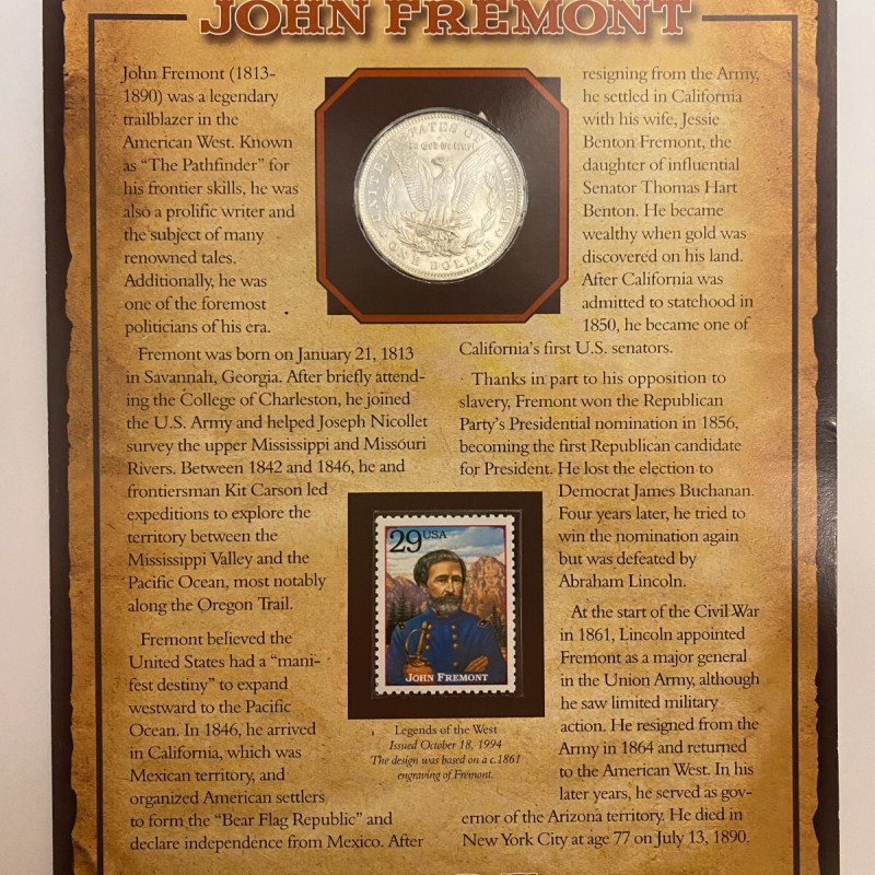 1890 Morgan Silver Dollar with Stamp on Card, American West, John Fremont