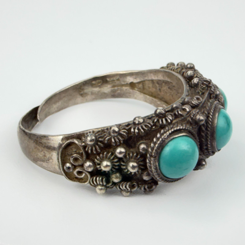 Chinese Export SterlingSilver Filigree Beauty Turquoise Ring, Adjustable