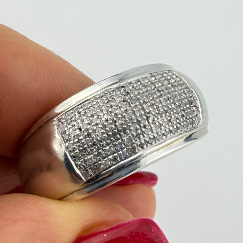 Sterling Silver 925 Pave Diamond Wide Band Ring Mens Size 11.5