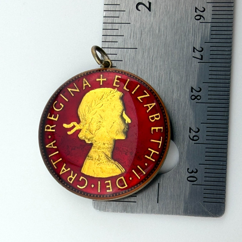 Vintage Half Crown Enamelled Coin Pendant 1958 Queen Elizabeth