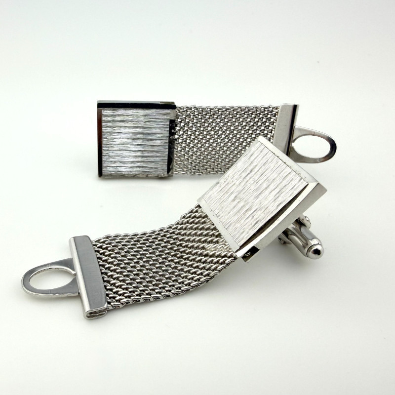 Vintage Square Cuff Links Textured Silver Tone Mesh Wrap Setting Cufflinks