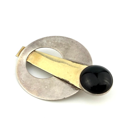 PJP Sterling Silver & Gold-Filled Onyx Geometric Art Deco Brooch