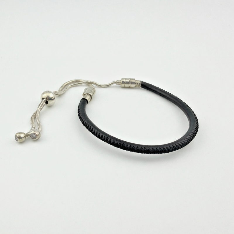 Authentic Pandora Black Leather Adjustable Sliding Bracelet with Sterling Silver