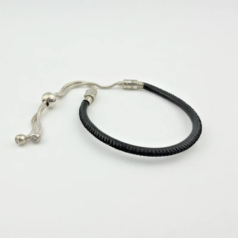 Authentic Pandora Black Leather Adjustable Sliding Bracelet with Sterling Silver
