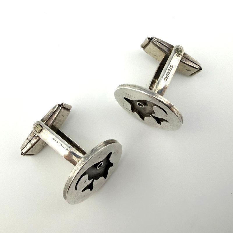 Vintage Hawaii Modernist Sterling Silver 925 Fish Round Cufflinks