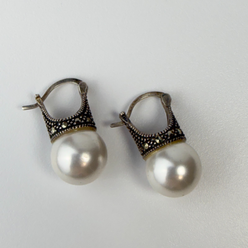 Vintage Marcasite And White Pearl 925 Silver Earrings Pierced