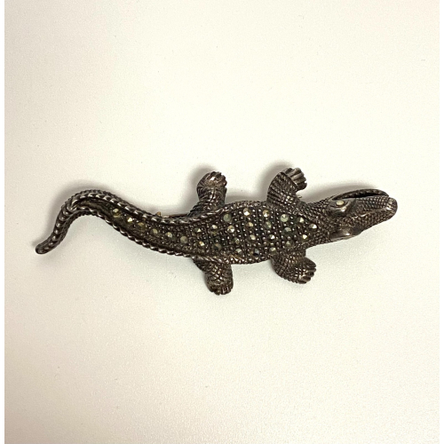Sterling Silver Marcasite Lizard Alligator Figural Pin Brooch
