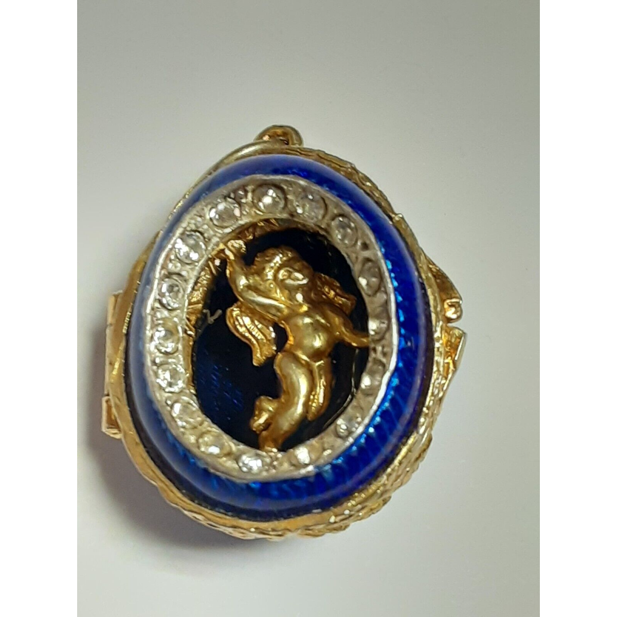 Small Antique Sterling Silver Blue  Enamel Egg  Engraved Angel Pendant