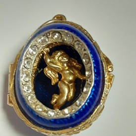 Small Antique Sterling Silver Blue  Enamel Egg  Engraved Angel Pendant