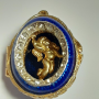 Small Antique Sterling Silver Blue  Enamel Egg  Engraved Angel Pendant