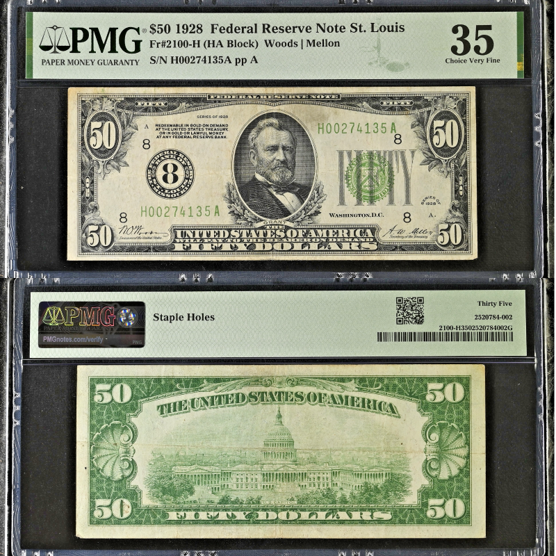 Fr#2100-H 1928 $50 FRN St. Louis PMG 35 Choice VF Woods/Mellon H00274135A