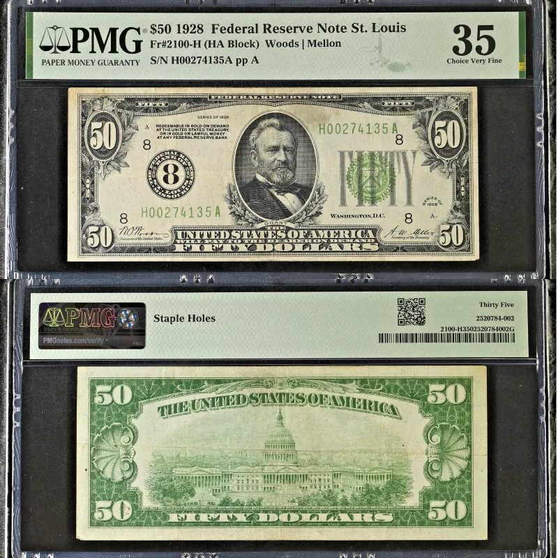 Fr#2100-H 1928 $50 FRN St. Louis PMG 35 Choice VF Woods/Mellon H00274135A