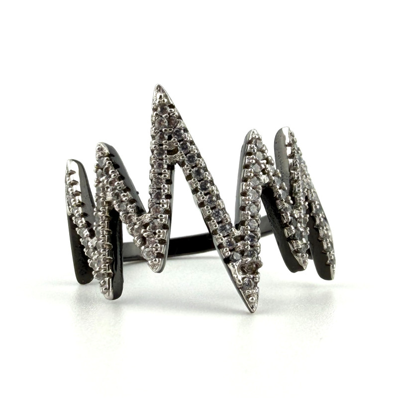 Heart Pulse Black Rhodium 925 Silver Cubic Zirconia Ring Sz 9.5