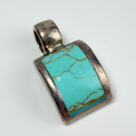 Vintage Mexican Sterling Silver Turquoise Curved Inlay Pendant - 14.9g