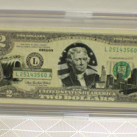 Uncirculated Series 2003A $2 Bill  Oregon with Clear Case Holder