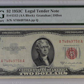  FR#1512 $2 1953 C LEGAL TENDER NOTE( AA BLOCK) SN# A74849758A pp Q 