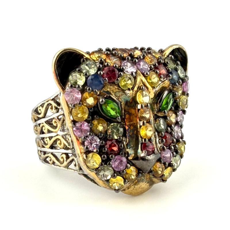 Multi Gemstone Silver Panther/Jaguar Head Ring Sz.11