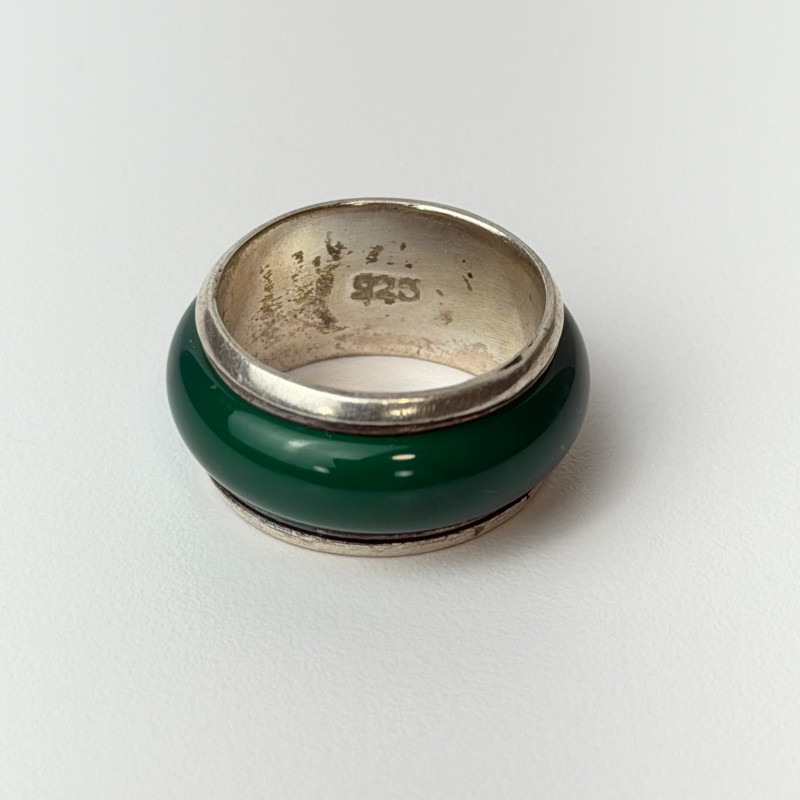 Vintage Rare Silver Banded Green Jade Eternity Band Ring, sz 6.0