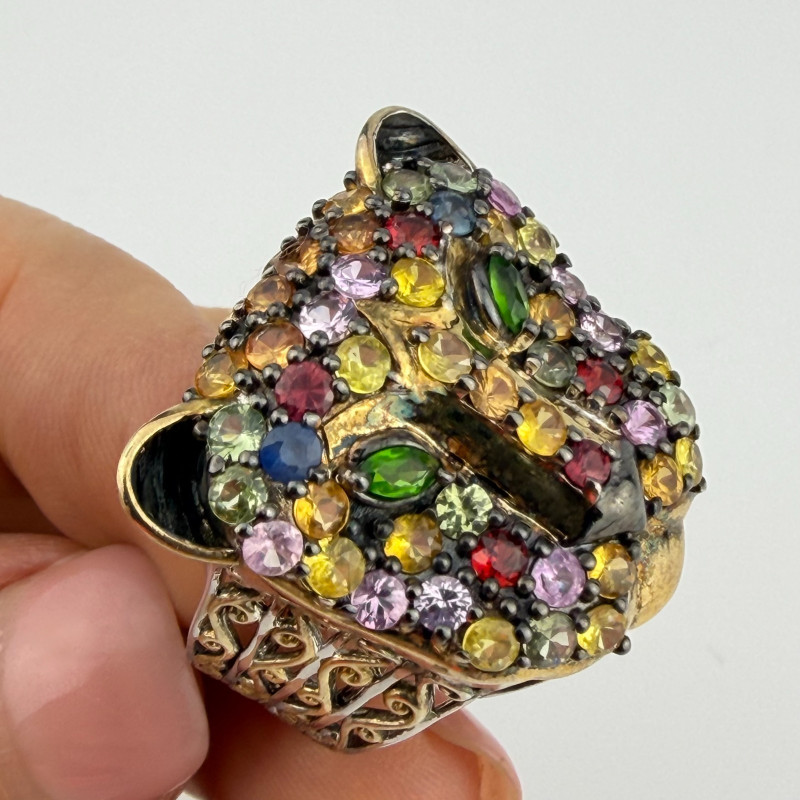 Multi Gemstone Silver Panther/Jaguar Head Ring Sz.11