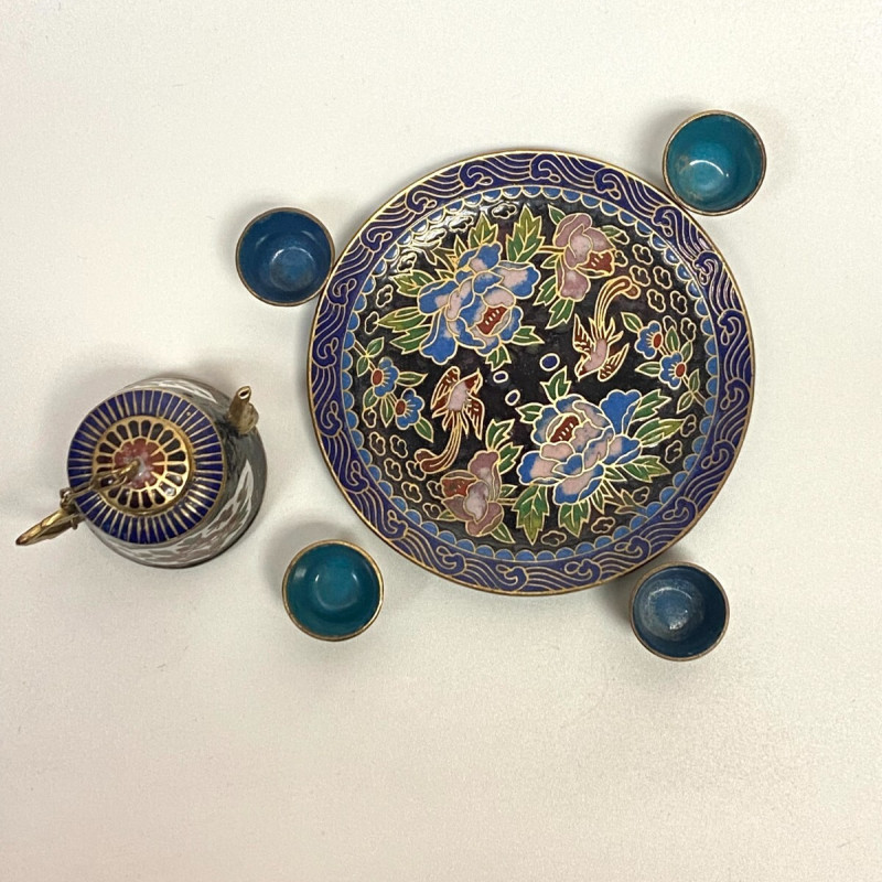 Cloisonne Enamel Chinese Miniature Tea Set Teapot Cups Tray Doll Child Blue