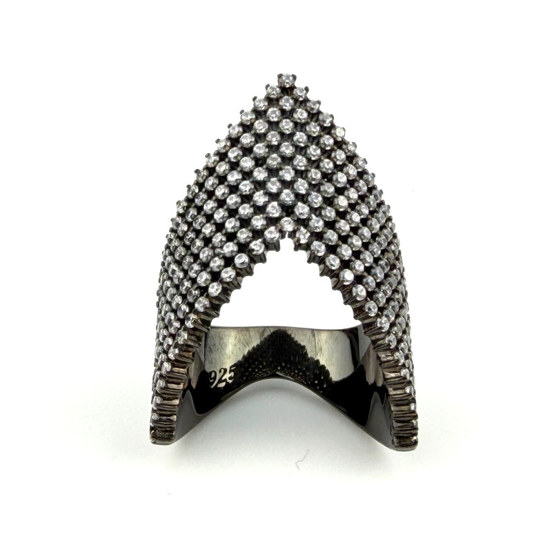 Black Rhodium Plated 925 Silver Pave CZ Chevron V Shape Ring Size 6