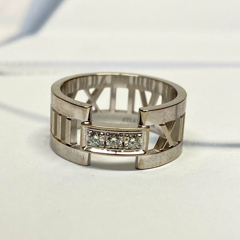 Tiffany & Co. Atlas 18K White Gold Three Diamond Open Band Ring Size 6