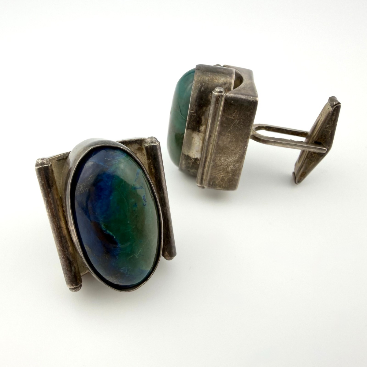 Vintage Israel Sterling Silver Blue Green King Solomon Eilat Stone Cufflinks