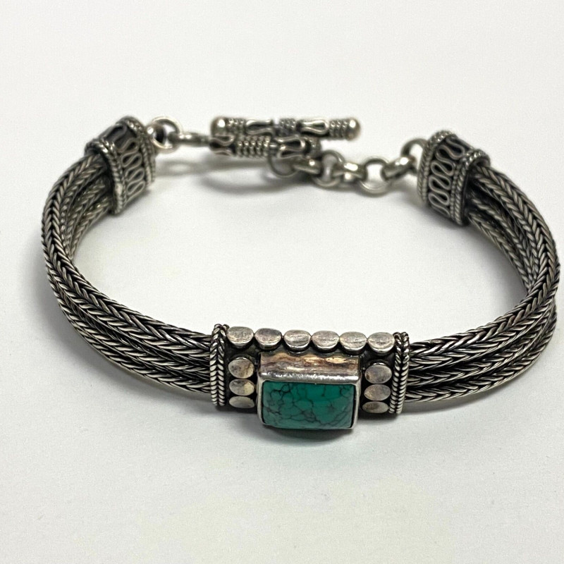 Vintage Sterling Silver 925 Turquoise Dual Chain Station Bracelet- 7" Vintage Sterling Silver 925 Turquoise Dual Chain Station Bracelet- 7"