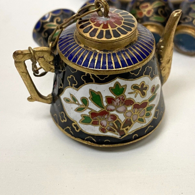 Cloisonne Enamel Chinese Miniature Tea Set Teapot Cups Tray Doll Child Blue