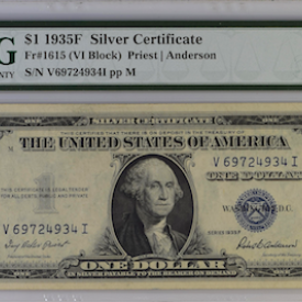 Fr#1615, $1 1935 F PMG SILVER CERTIFICATE 45 CEF (VI BLOCK) PRIEST ANDERSON 
