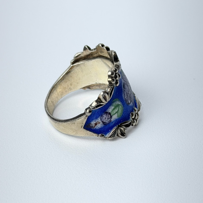 Vintage Guilloche Enamel Sterling Silver Floral Roses On Blue Ring, Sz 9.0